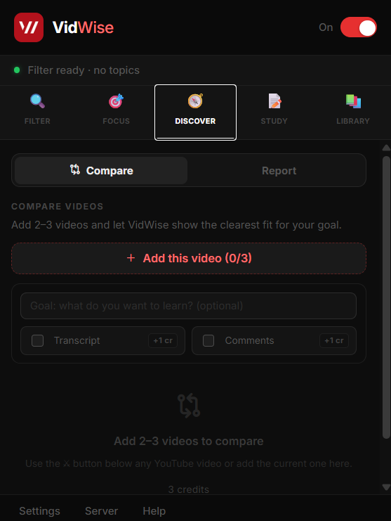 VidWise workspace for comparing videos and creating a practical report