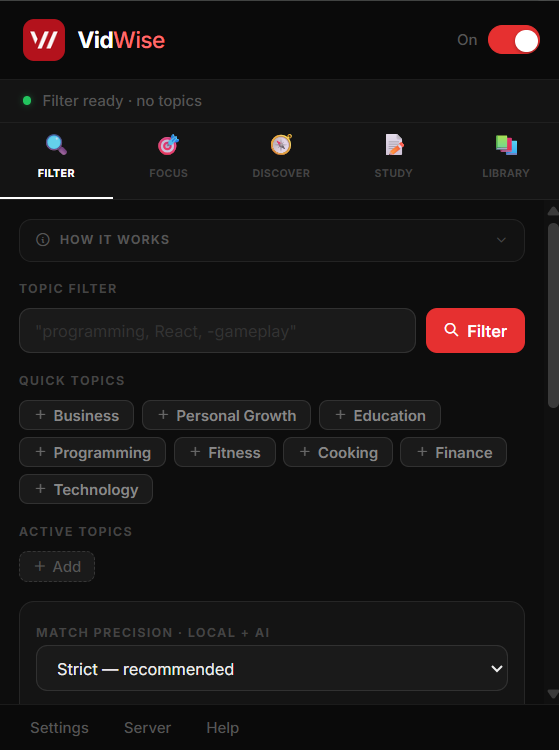VidWise topic filter controls for hiding distracting YouTube recommendations