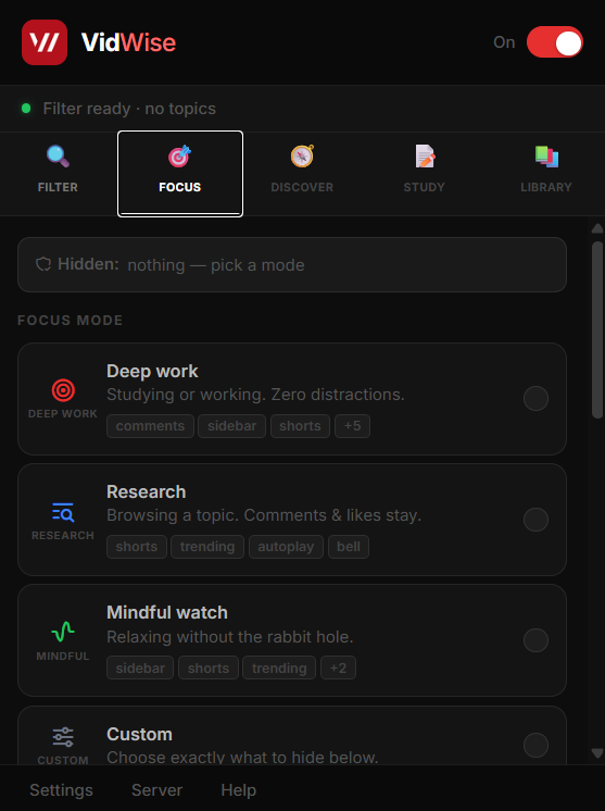 VidWise Focus Mode controls for reducing distractions during a study session