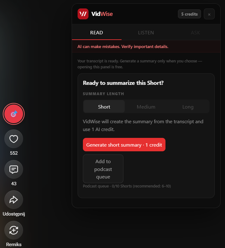 VidWise Shorts tools for summarizing and listening to key points