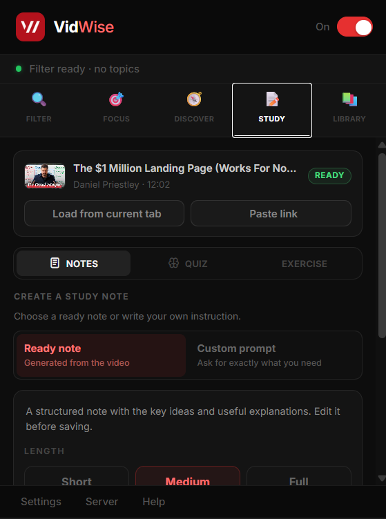 VidWise Study workspace for creating notes, quizzes, and exercises